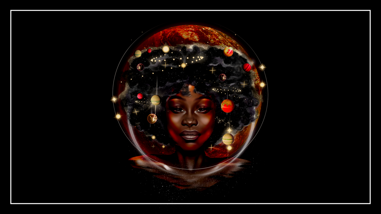 Image of woman with brown skin and her hair in an afro with red and gold planets and stars within the afro. She is in the foreground with the image of the earth in the background.