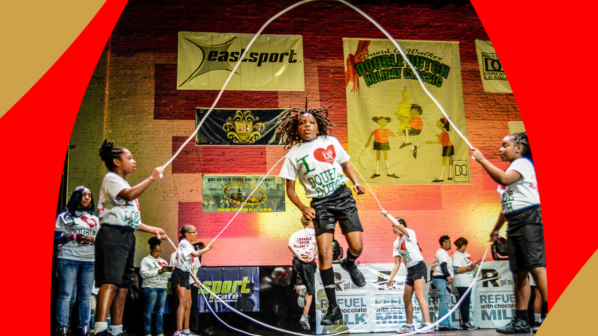 Teenager jumping double dutch on stage